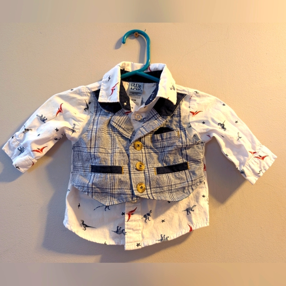 🦕 Little Lad Dinosaur Print Collared Shirt + Attached Plaid Vest Baby Boys 0-3